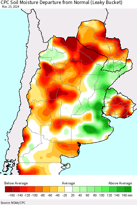 Southern South America CPC Soil Moisture Departure from Normal (Leaky Bucket) Thematic Map For 3/21/2024 - 3/25/2024