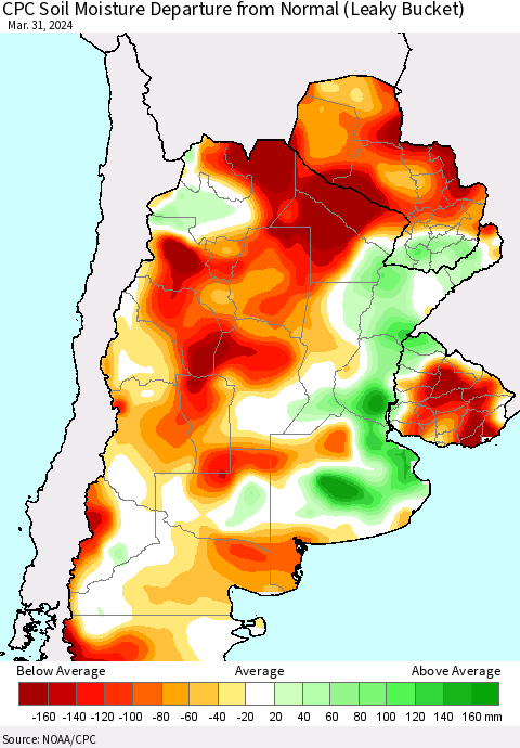 Southern South America CPC Soil Moisture Departure from Normal (Leaky Bucket) Thematic Map For 3/26/2024 - 3/31/2024