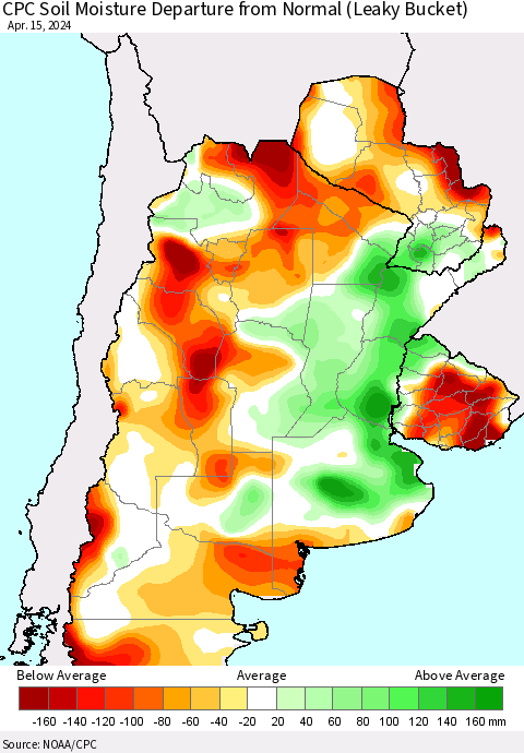 Southern South America CPC Soil Moisture Departure from Normal (Leaky Bucket) Thematic Map For 4/11/2024 - 4/15/2024