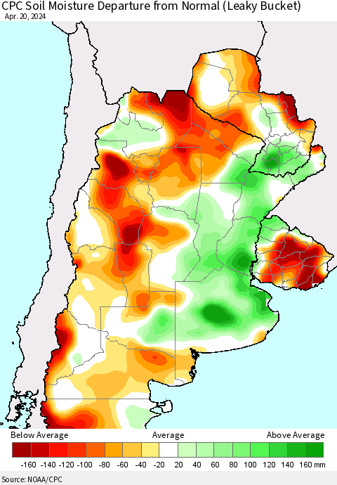 Southern South America CPC Soil Moisture Departure from Normal (Leaky Bucket) Thematic Map For 4/16/2024 - 4/20/2024