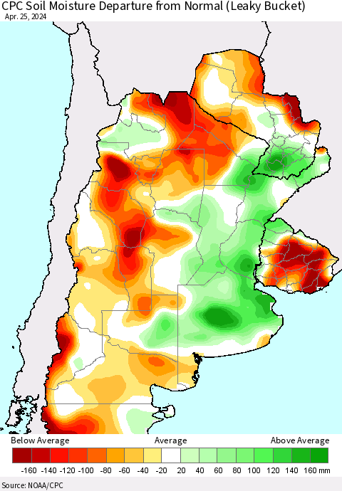 Southern South America CPC Soil Moisture Departure from Normal (Leaky Bucket) Thematic Map For 4/21/2024 - 4/25/2024