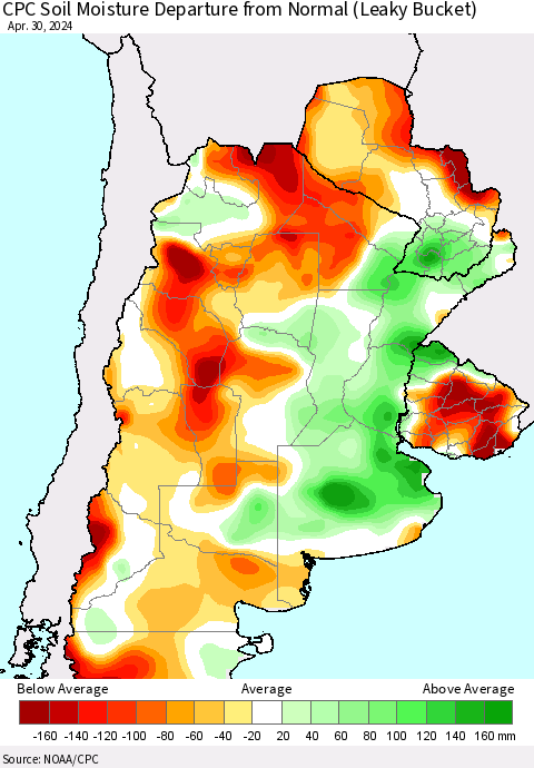 Southern South America CPC Soil Moisture Departure from Normal (Leaky Bucket) Thematic Map For 4/26/2024 - 4/30/2024