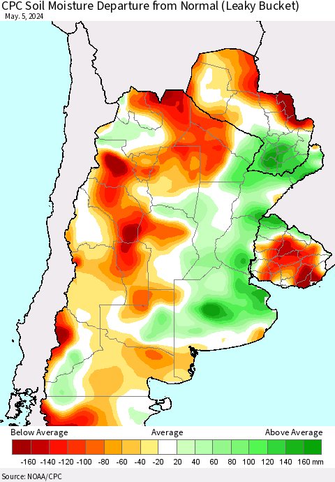 Southern South America CPC Soil Moisture Departure from Normal (Leaky Bucket) Thematic Map For 5/1/2024 - 5/5/2024