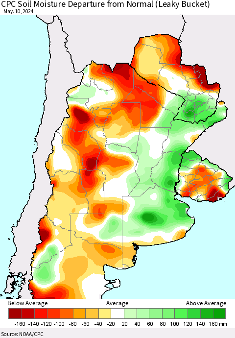 Southern South America CPC Soil Moisture Departure from Normal (Leaky Bucket) Thematic Map For 5/6/2024 - 5/10/2024