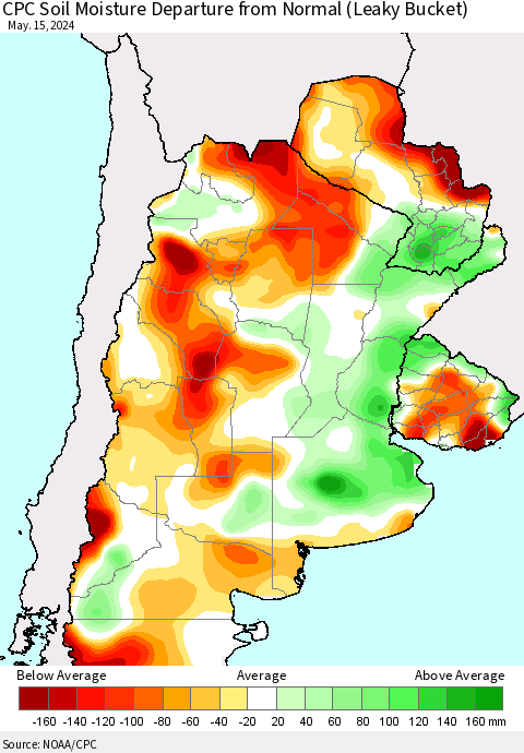 Southern South America CPC Soil Moisture Departure from Normal (Leaky Bucket) Thematic Map For 5/11/2024 - 5/15/2024