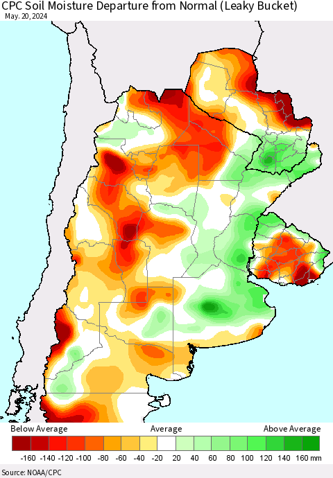 Southern South America CPC Soil Moisture Departure from Normal (Leaky Bucket) Thematic Map For 5/16/2024 - 5/20/2024