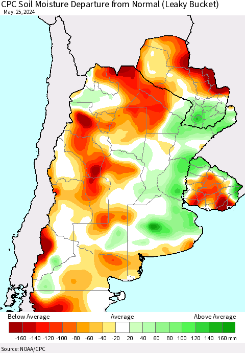 Southern South America CPC Soil Moisture Departure from Normal (Leaky Bucket) Thematic Map For 5/21/2024 - 5/25/2024