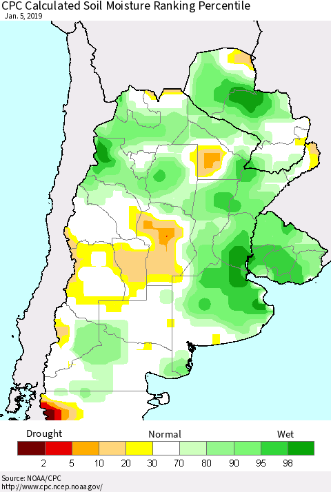Southern South America CPC Soil Moisture Ranking Percentile (Leaky Bucket) Thematic Map For 1/1/2019 - 1/5/2019