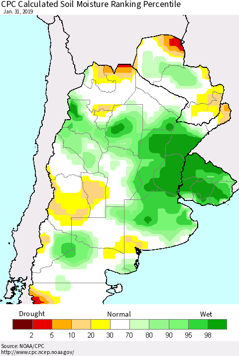 Southern South America CPC Soil Moisture Ranking Percentile (Leaky Bucket) Thematic Map For 1/26/2019 - 1/31/2019
