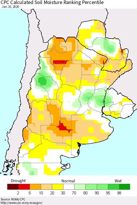 Southern South America CPC Soil Moisture Ranking Percentile (Leaky Bucket) Thematic Map For 1/6/2020 - 1/10/2020