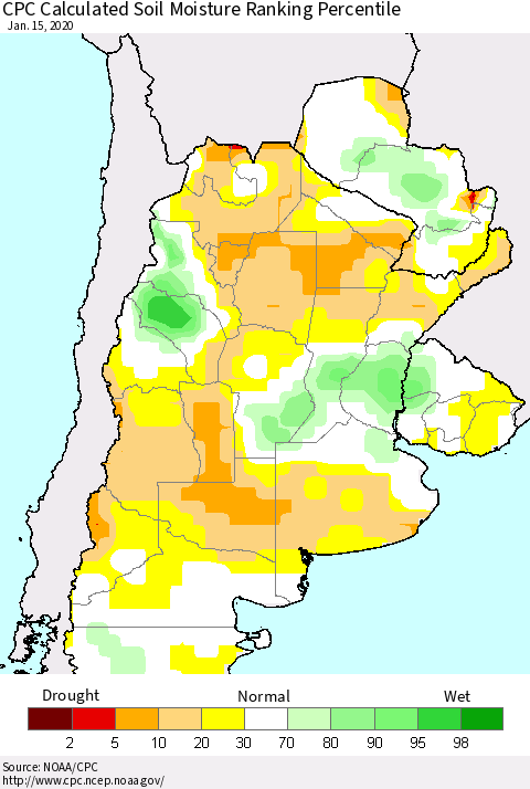 Southern South America CPC Soil Moisture Ranking Percentile (Leaky Bucket) Thematic Map For 1/11/2020 - 1/15/2020