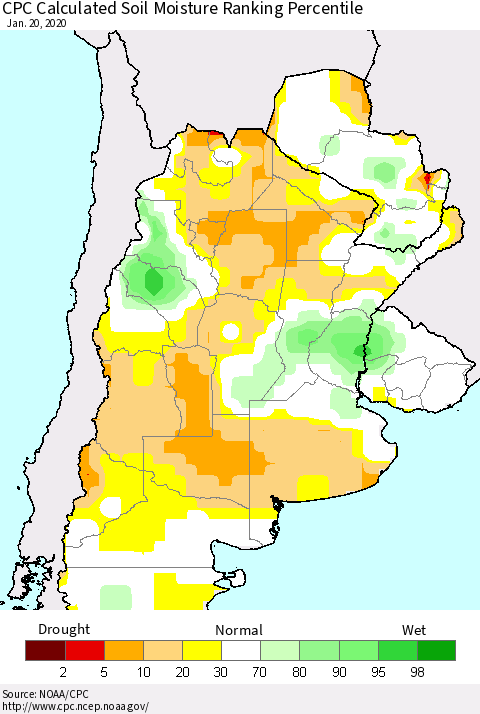 Southern South America CPC Soil Moisture Ranking Percentile (Leaky Bucket) Thematic Map For 1/16/2020 - 1/20/2020