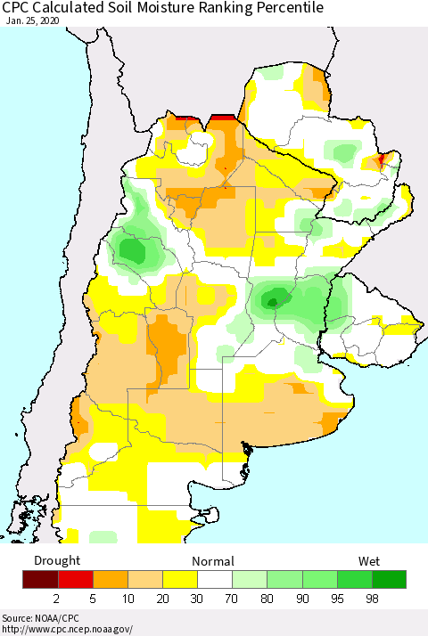 Southern South America CPC Soil Moisture Ranking Percentile (Leaky Bucket) Thematic Map For 1/21/2020 - 1/25/2020