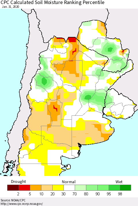 Southern South America CPC Soil Moisture Ranking Percentile (Leaky Bucket) Thematic Map For 1/26/2020 - 1/31/2020