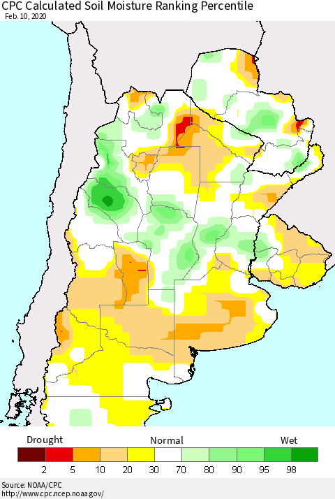 Southern South America CPC Soil Moisture Ranking Percentile (Leaky Bucket) Thematic Map For 2/6/2020 - 2/10/2020