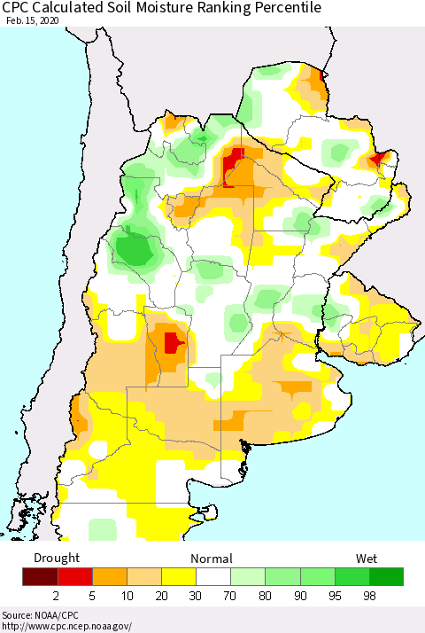 Southern South America CPC Soil Moisture Ranking Percentile (Leaky Bucket) Thematic Map For 2/11/2020 - 2/15/2020