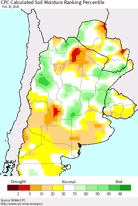 Southern South America CPC Soil Moisture Ranking Percentile (Leaky Bucket) Thematic Map For 2/16/2020 - 2/20/2020