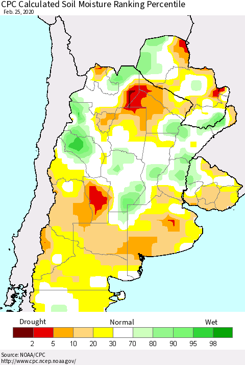 Southern South America CPC Soil Moisture Ranking Percentile (Leaky Bucket) Thematic Map For 2/21/2020 - 2/25/2020