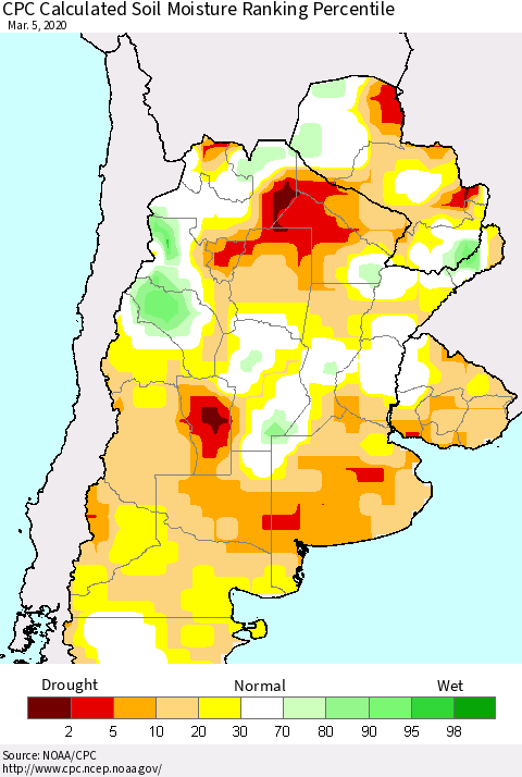 Southern South America CPC Soil Moisture Ranking Percentile (Leaky Bucket) Thematic Map For 3/1/2020 - 3/5/2020