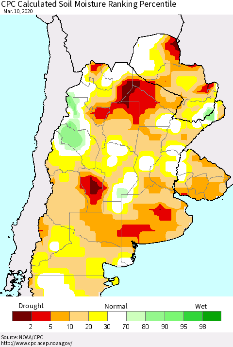 Southern South America CPC Soil Moisture Ranking Percentile (Leaky Bucket) Thematic Map For 3/6/2020 - 3/10/2020