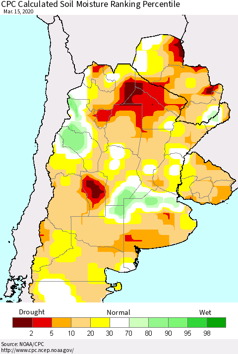 Southern South America CPC Soil Moisture Ranking Percentile (Leaky Bucket) Thematic Map For 3/11/2020 - 3/15/2020