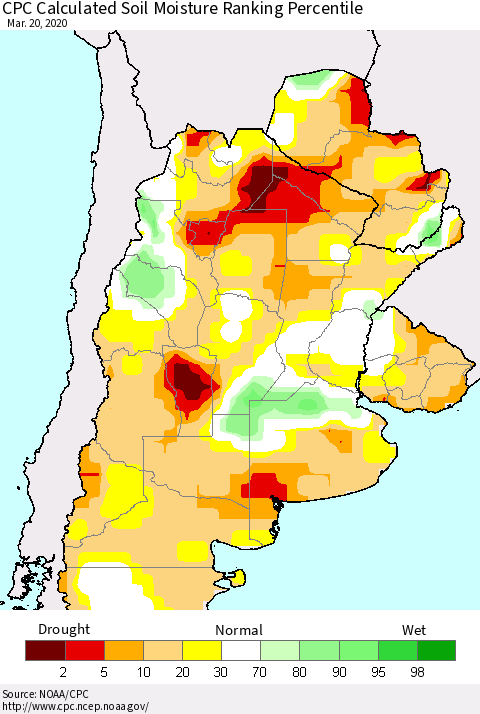 Southern South America CPC Soil Moisture Ranking Percentile (Leaky Bucket) Thematic Map For 3/16/2020 - 3/20/2020