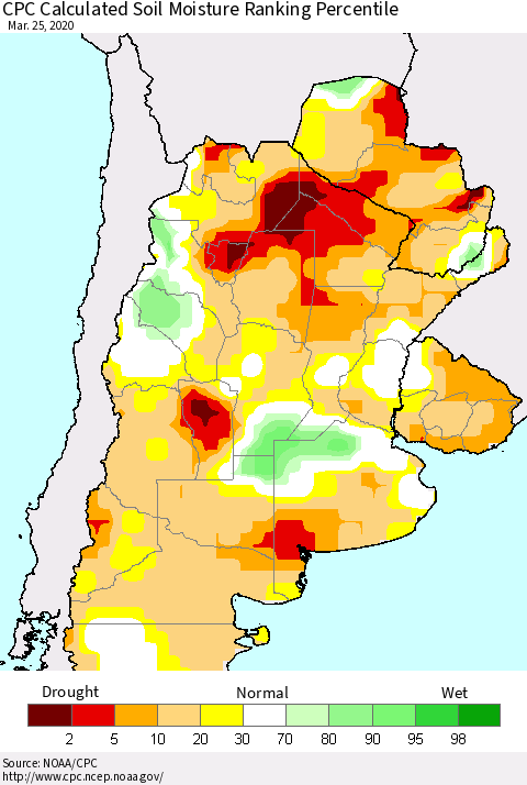 Southern South America CPC Soil Moisture Ranking Percentile (Leaky Bucket) Thematic Map For 3/21/2020 - 3/25/2020