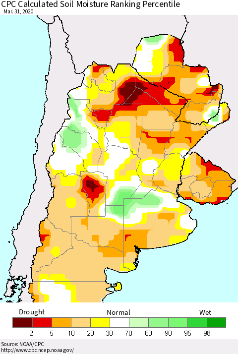 Southern South America CPC Soil Moisture Ranking Percentile (Leaky Bucket) Thematic Map For 3/26/2020 - 3/31/2020