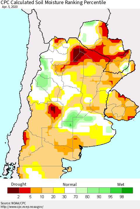 Southern South America CPC Soil Moisture Ranking Percentile (Leaky Bucket) Thematic Map For 4/1/2020 - 4/5/2020