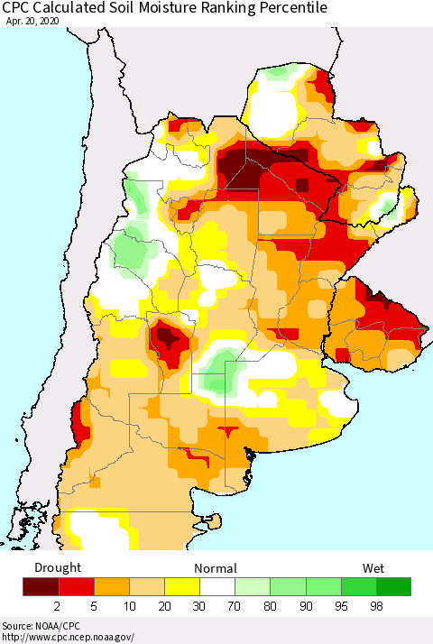 Southern South America CPC Soil Moisture Ranking Percentile (Leaky Bucket) Thematic Map For 4/16/2020 - 4/20/2020