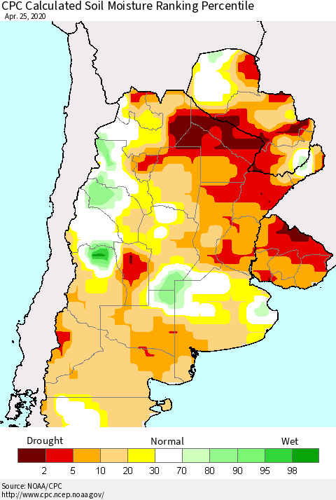 Southern South America CPC Soil Moisture Ranking Percentile (Leaky Bucket) Thematic Map For 4/21/2020 - 4/25/2020