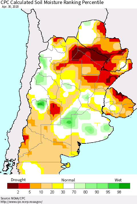 Southern South America CPC Soil Moisture Ranking Percentile (Leaky Bucket) Thematic Map For 4/26/2020 - 4/30/2020