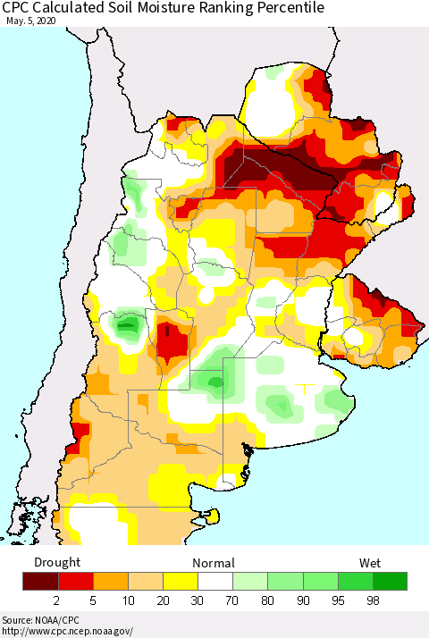 Southern South America CPC Soil Moisture Ranking Percentile (Leaky Bucket) Thematic Map For 5/1/2020 - 5/5/2020