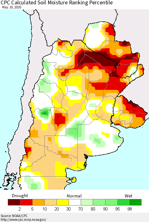 Southern South America CPC Soil Moisture Ranking Percentile (Leaky Bucket) Thematic Map For 5/6/2020 - 5/10/2020