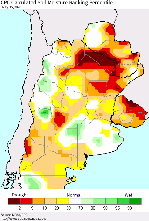 Southern South America CPC Soil Moisture Ranking Percentile (Leaky Bucket) Thematic Map For 5/11/2020 - 5/15/2020