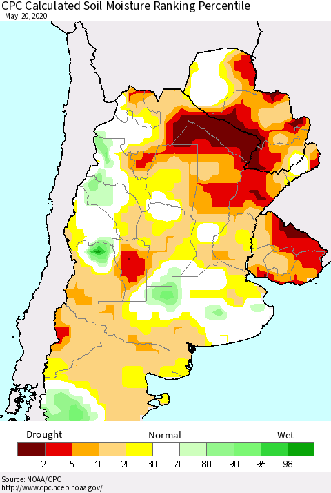 Southern South America CPC Soil Moisture Ranking Percentile (Leaky Bucket) Thematic Map For 5/16/2020 - 5/20/2020