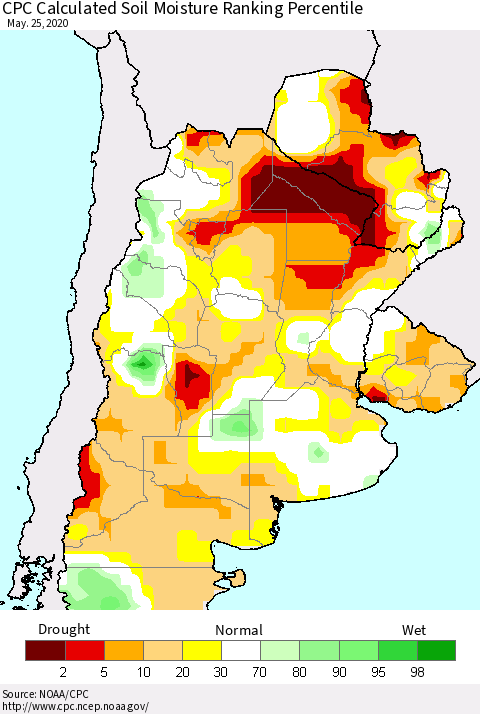 Southern South America CPC Soil Moisture Ranking Percentile (Leaky Bucket) Thematic Map For 5/21/2020 - 5/25/2020