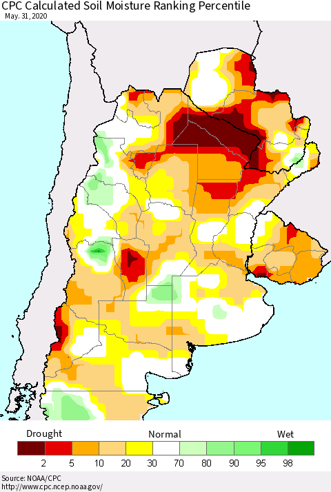Southern South America CPC Soil Moisture Ranking Percentile (Leaky Bucket) Thematic Map For 5/26/2020 - 5/31/2020
