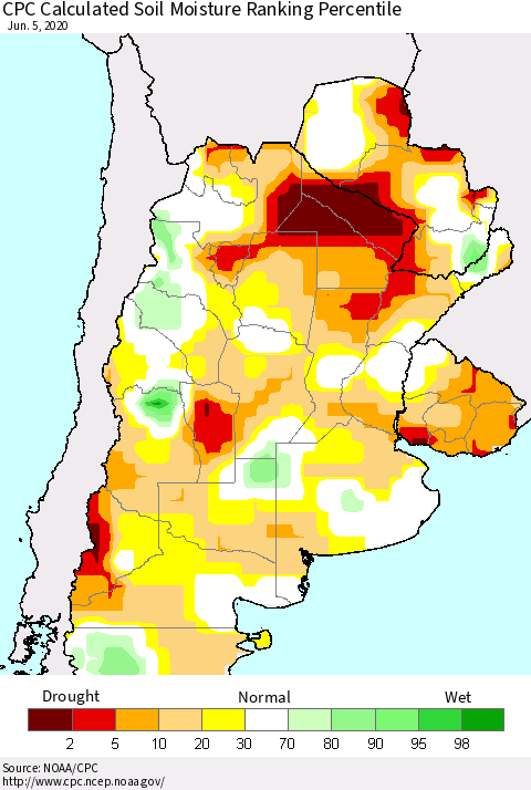 Southern South America CPC Soil Moisture Ranking Percentile (Leaky Bucket) Thematic Map For 6/1/2020 - 6/5/2020