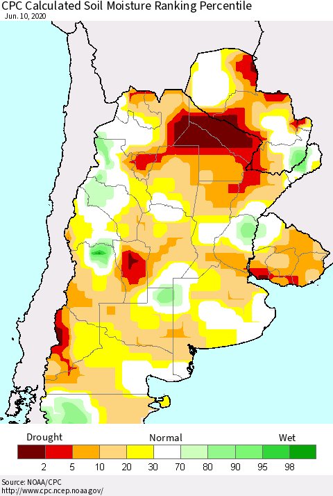Southern South America CPC Soil Moisture Ranking Percentile (Leaky Bucket) Thematic Map For 6/6/2020 - 6/10/2020