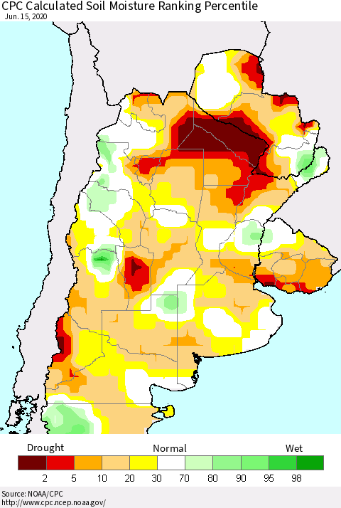 Southern South America CPC Soil Moisture Ranking Percentile (Leaky Bucket) Thematic Map For 6/11/2020 - 6/15/2020