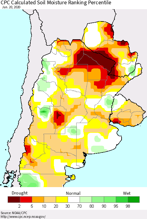 Southern South America CPC Soil Moisture Ranking Percentile (Leaky Bucket) Thematic Map For 6/16/2020 - 6/20/2020