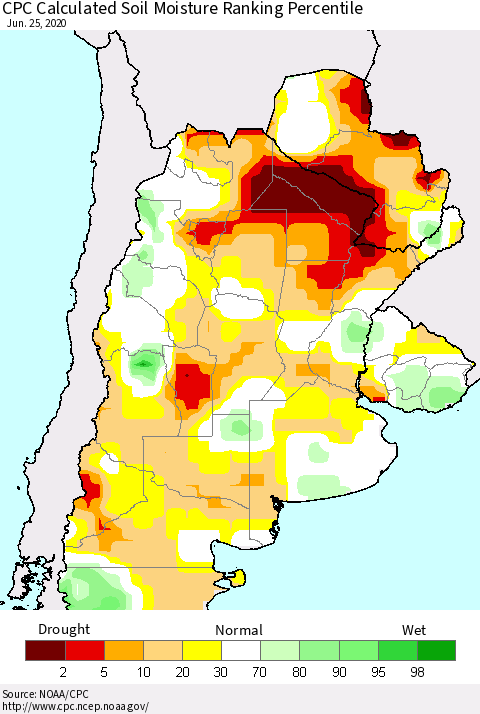 Southern South America CPC Soil Moisture Ranking Percentile (Leaky Bucket) Thematic Map For 6/21/2020 - 6/25/2020