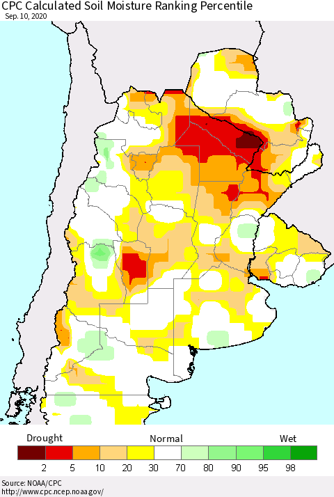 Southern South America CPC Calculated Soil Moisture Ranking Percentile Thematic Map For 9/6/2020 - 9/10/2020