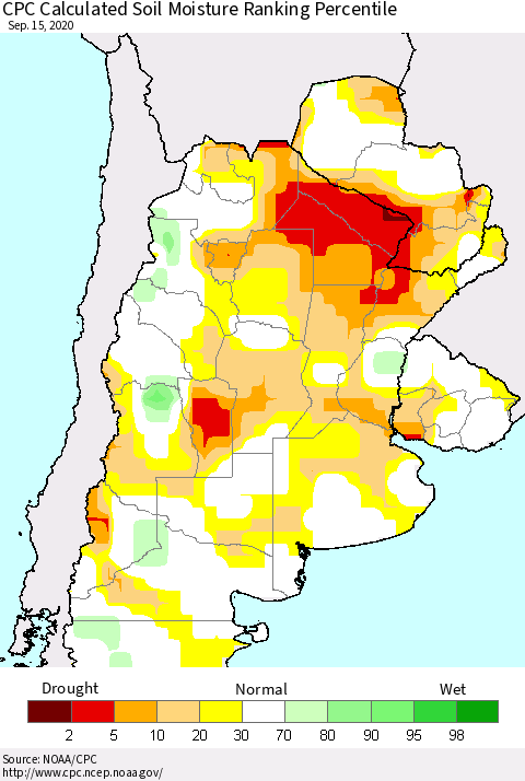 Southern South America CPC Calculated Soil Moisture Ranking Percentile Thematic Map For 9/11/2020 - 9/15/2020