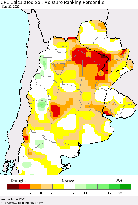 Southern South America CPC Soil Moisture Ranking Percentile (Leaky Bucket) Thematic Map For 9/16/2020 - 9/20/2020