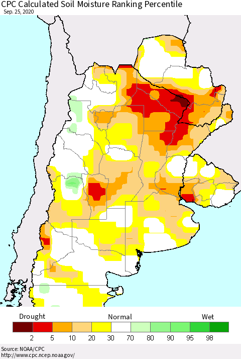 Southern South America CPC Calculated Soil Moisture Ranking Percentile Thematic Map For 9/21/2020 - 9/25/2020