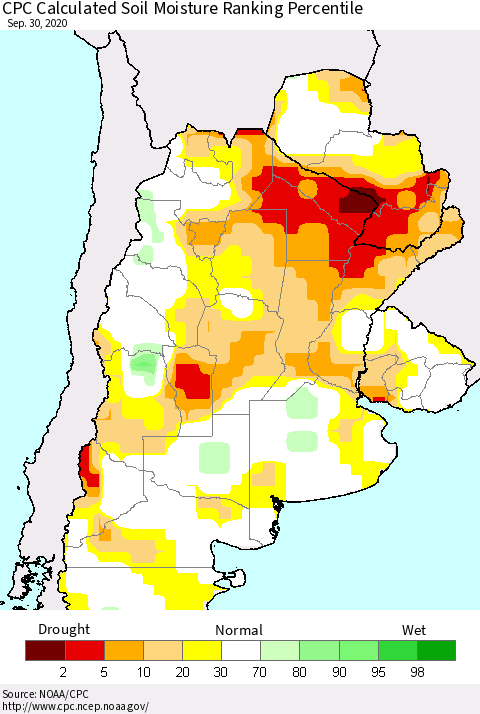 Southern South America CPC Soil Moisture Ranking Percentile (Leaky Bucket) Thematic Map For 9/26/2020 - 9/30/2020