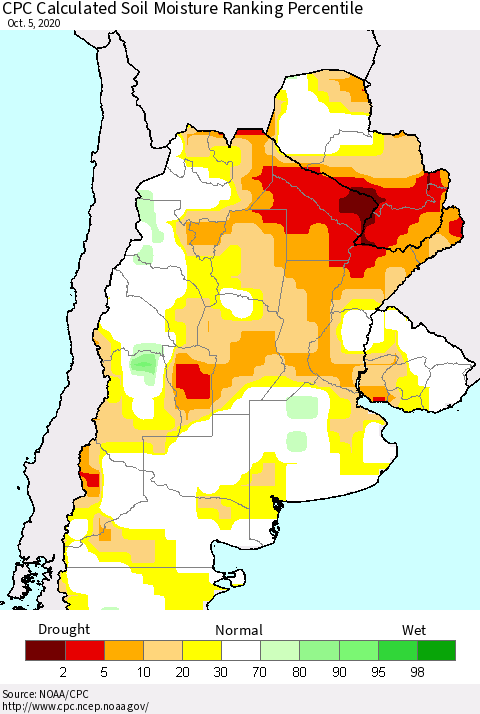 Southern South America CPC Calculated Soil Moisture Ranking Percentile Thematic Map For 10/1/2020 - 10/5/2020
