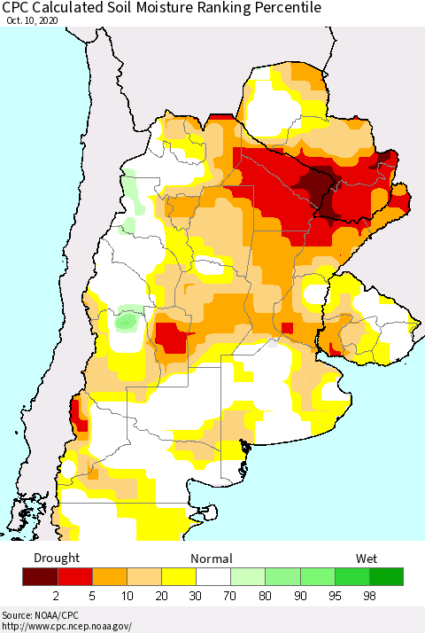 Southern South America CPC Calculated Soil Moisture Ranking Percentile Thematic Map For 10/6/2020 - 10/10/2020